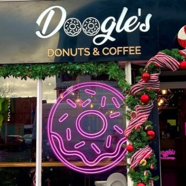 Pink bakery window wall art by Custom Neon® @dooglesdonuts
