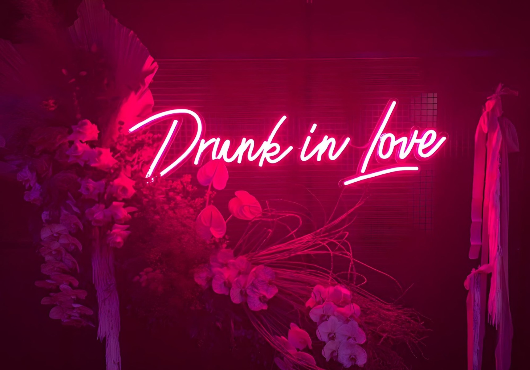 Custom Neon® pink Drunk in Love  wedding quote sign