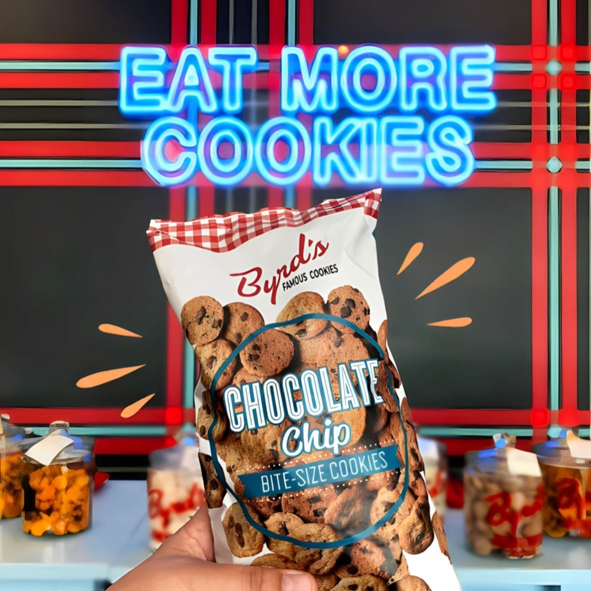 Eat More Cookies blue retail display sign by Custom Neon® for @byrdcookieco