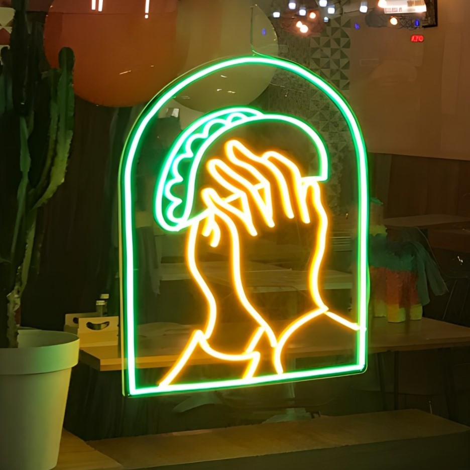 Custom Neon® green and yellow LED neon taco hands art in the window @elsantogeelong