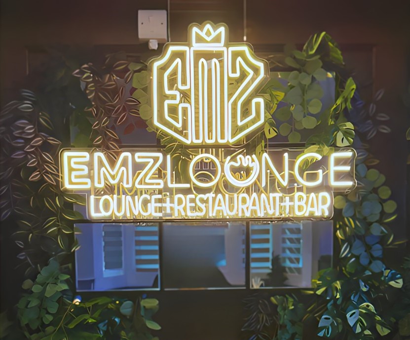 Custom Neon® warm white restaurant logo sign @emzrestauraunt_lounge @orkainterior