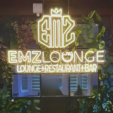 Custom Neon® warm white restaurant logo sign @emzrestauraunt_lounge @orkainterior