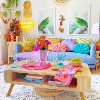 Custom Neon® yellow Everday Magic sign in a bright tropical styled living room @tropicali_haven