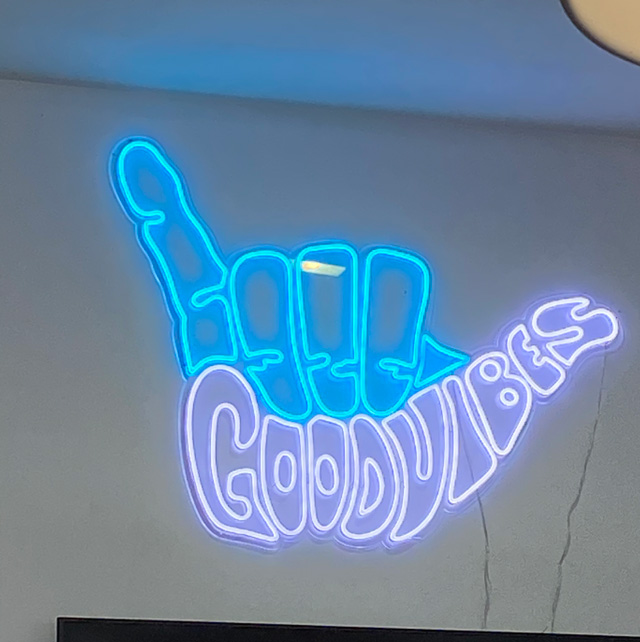 Blue & white Good Vibes hang ten/shaka Custom Neon&reg; artwork @theresidentbarber