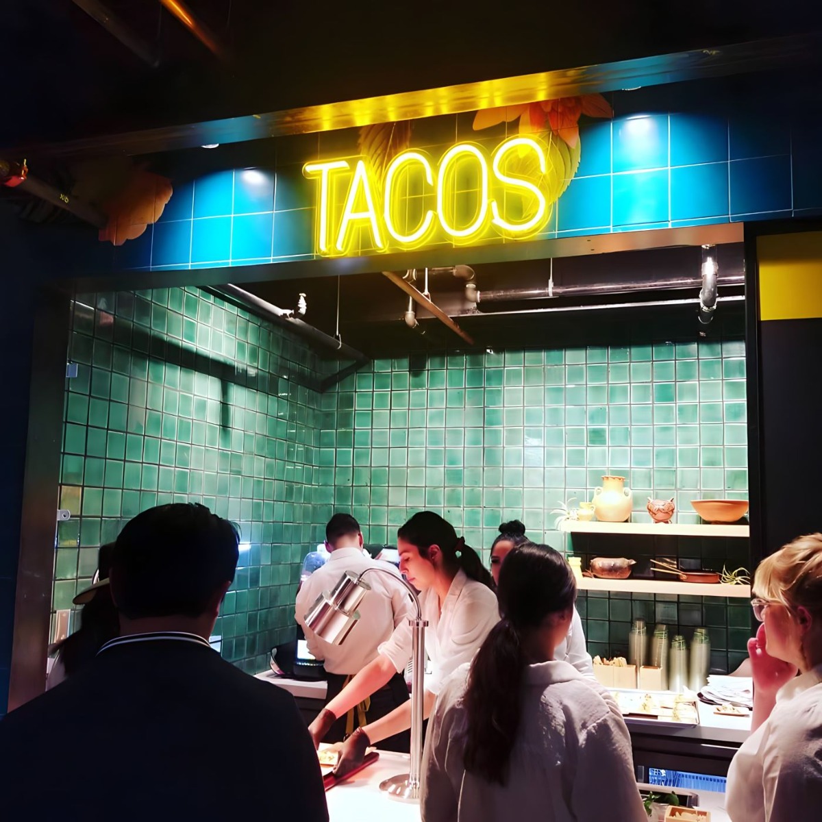 Tacos yellow Custom Neon® sign @florarestaurantnm sawmillmarket.com