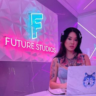 Custom Neon® tropical blue & pink recording studio logo @futurestudiosoc @sheiskindred
