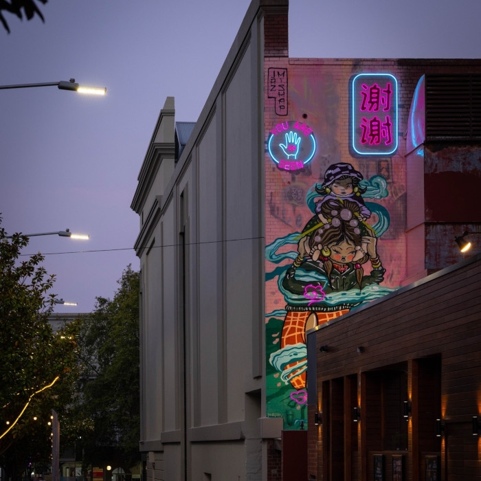 multicolored exterior building wall art by Custom Neon® @jazmishap