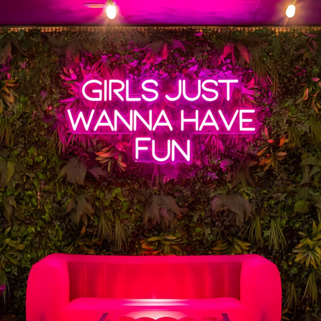 Girls Just Wanna Have Fun Custom Neon® pink Cindy Lauper song lyric sign mounted by the pool @somerled.designs