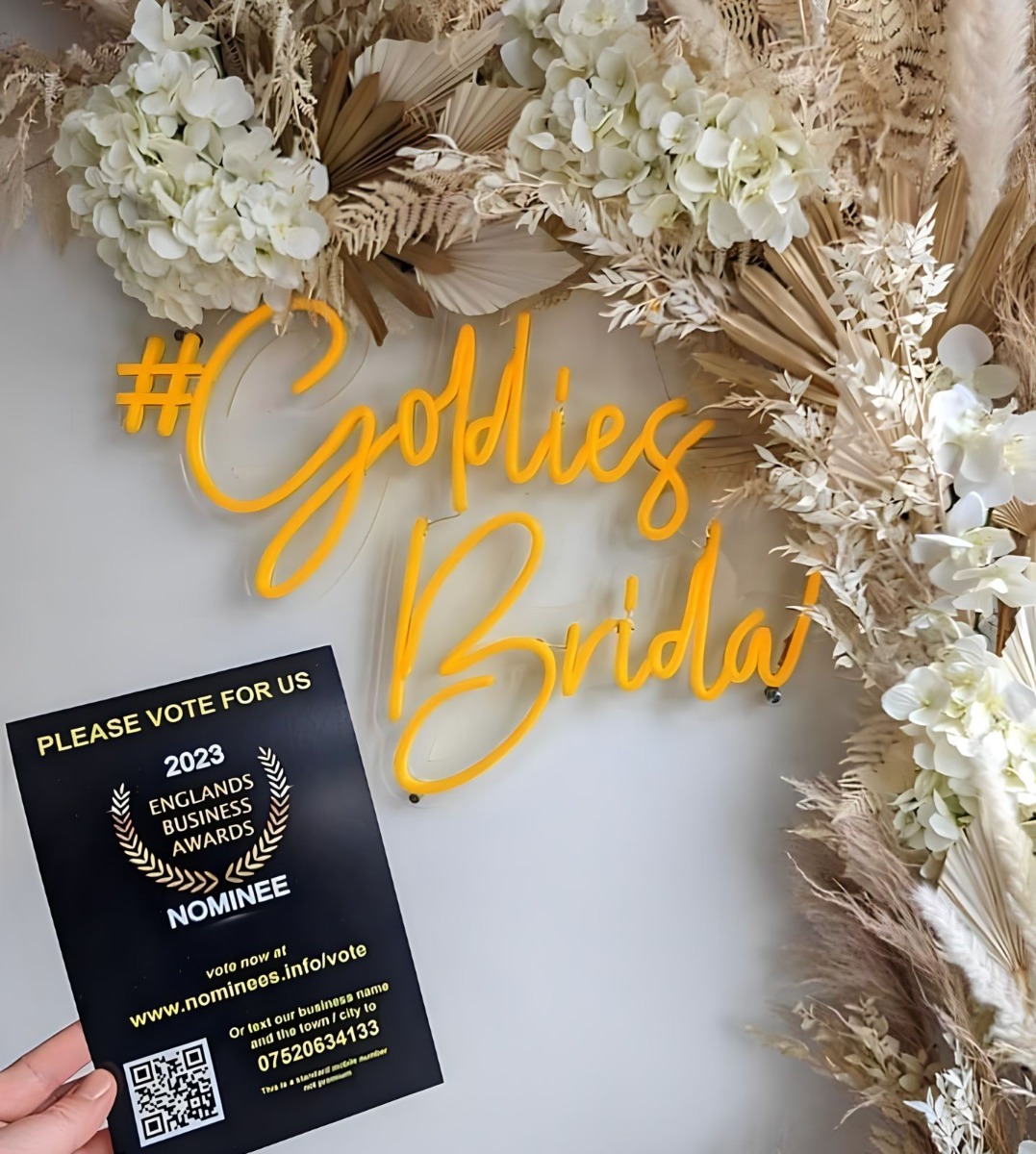 Golden yellow Custom Neon® hashtag sign @goldiesbridal