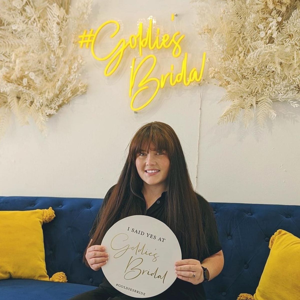 Golden yellow Custom Neon® hashtag sign @goldiesbridal