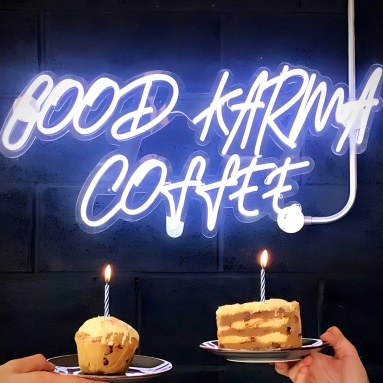 Custom Neon® white LED neon company name sign on black wall @goodkarmacoffee