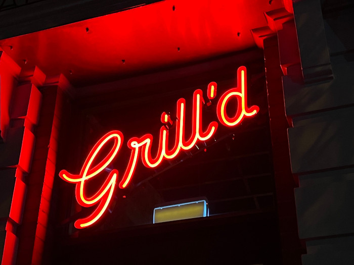 @grilldburgers outdoor logo channel letter sign with red LED neon made by Custom Neon®