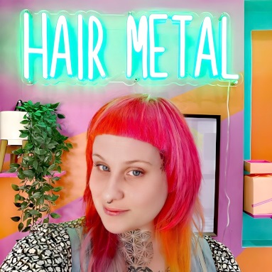 Bright green Custom Neon® hairdresser name sign on rainbow wall @hairmetalwoopi