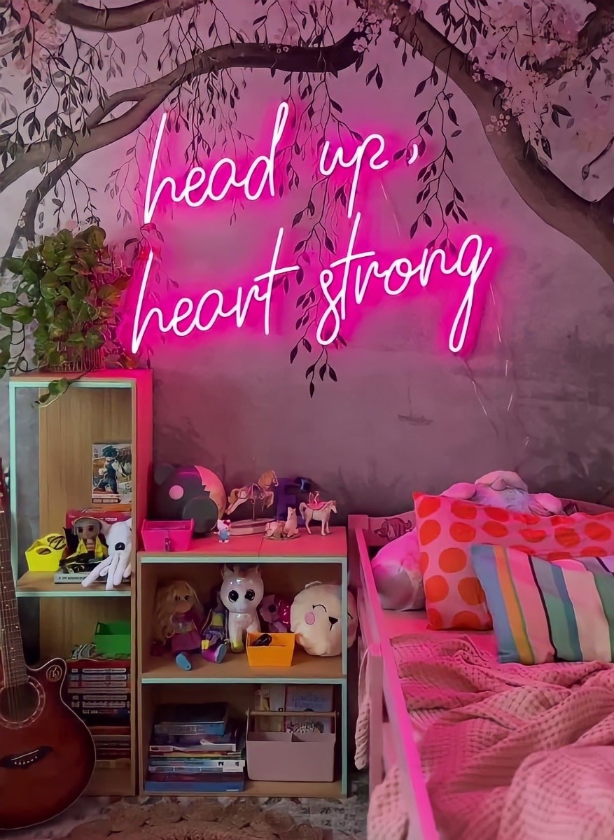 Head Up, Heart Strong Custom Neon® quote sign in a child's bedroom @bohome.plantry