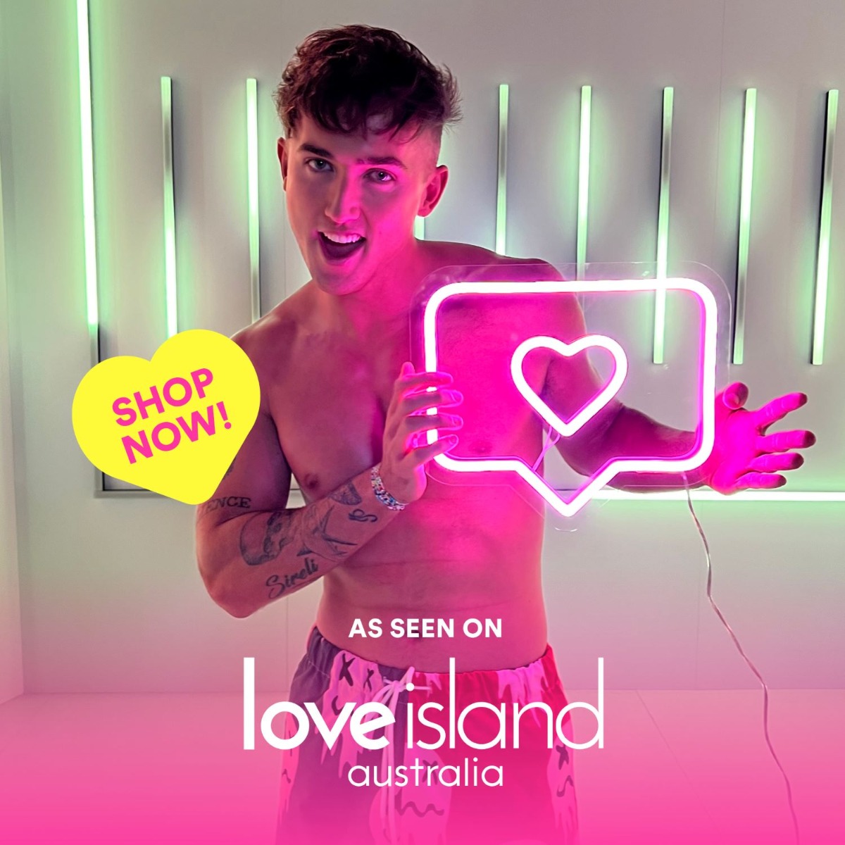 Custom Neon® heart message modelled by Mitchell Eliot - made for the Love Island Australia Merchandise Collection