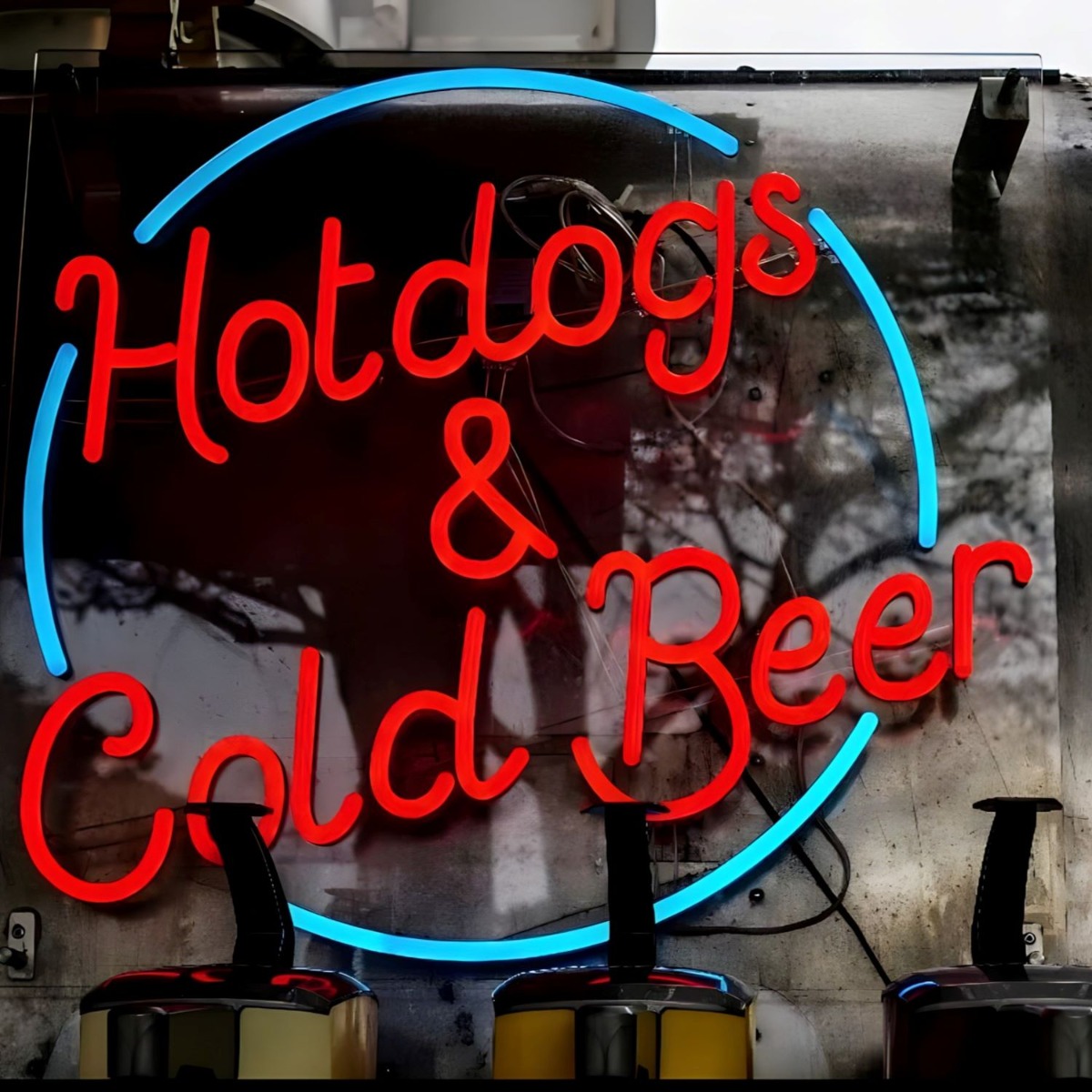 Custom Neon® red and blue complementary coloured sign @wildbillsbeachdogs