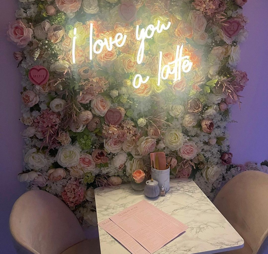 Custom Neon® I Love You Alatte quote sign on rose wall @maisonrosecafeboutique