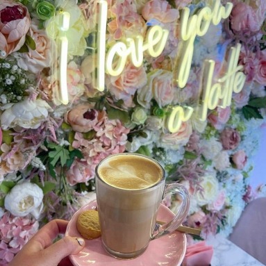 Custom Neon® I Love You Alatte quote sign on rose wall @maisonrosecafeboutique