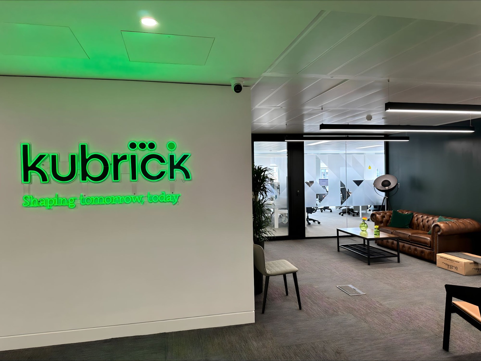 Custom Neon® dark green LED UV Print office signage @kubrickgroup