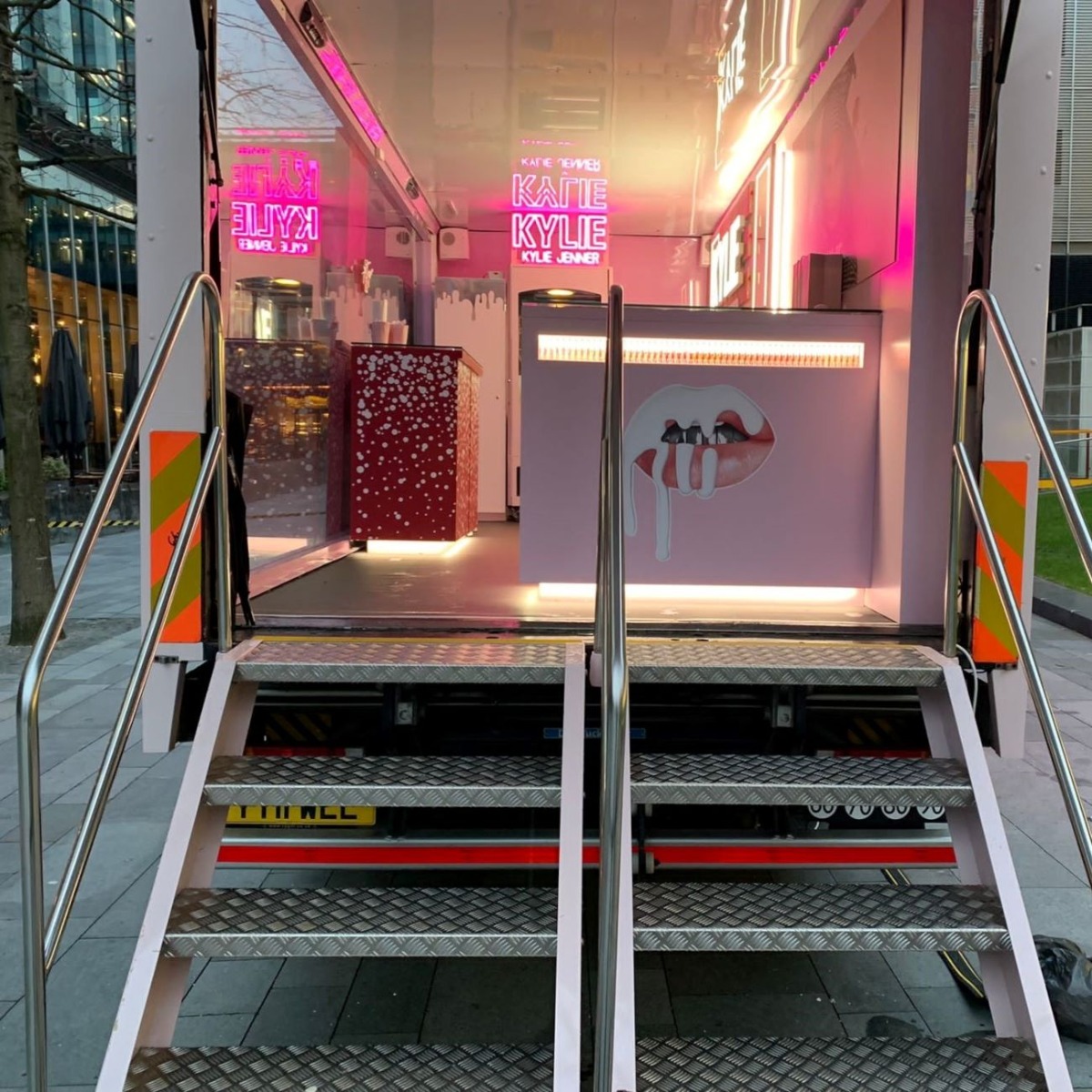 Custom Neon® pink @kyliejenner logo on and inside a pink truck for the @kyliecosmetics brand activation @the_clear_idea @theclearidearoadshowspecialists