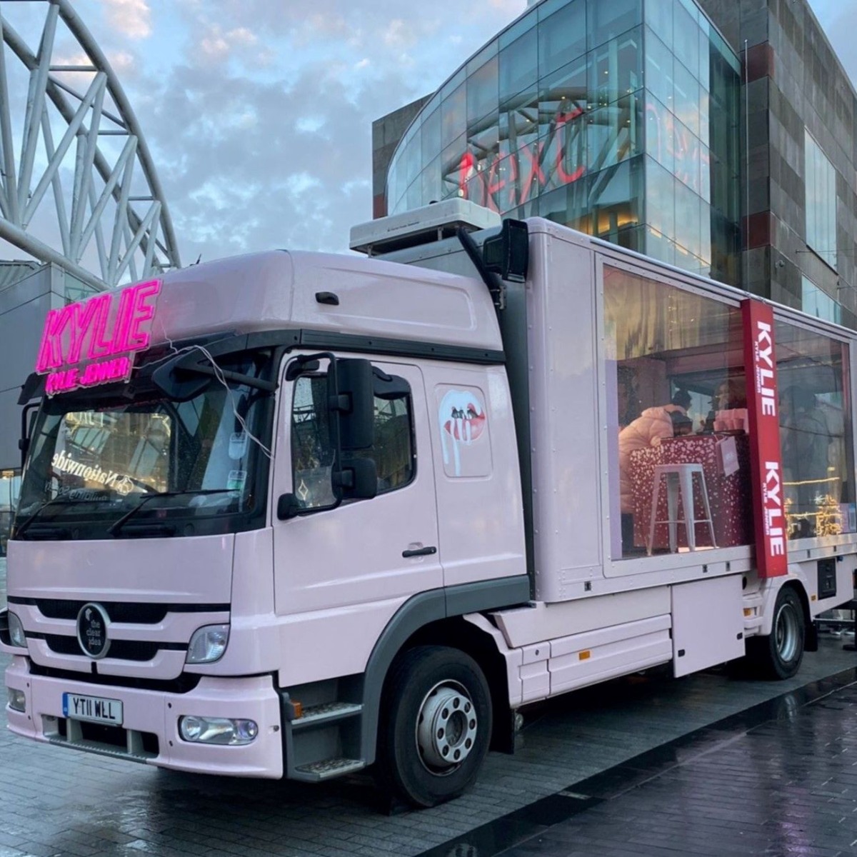 Custom Neon® pink @kyliejenner logo on and inside a pink truck for the @kyliecosmetics brand activation @the_clear_idea @theclearidearoadshowspecialists