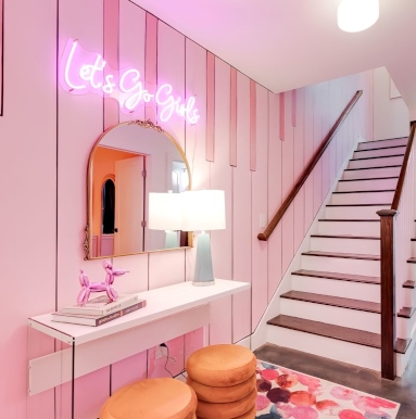 Custom Neon® pink sign in a home designed by @homteamvacationrentals @somerled.designs