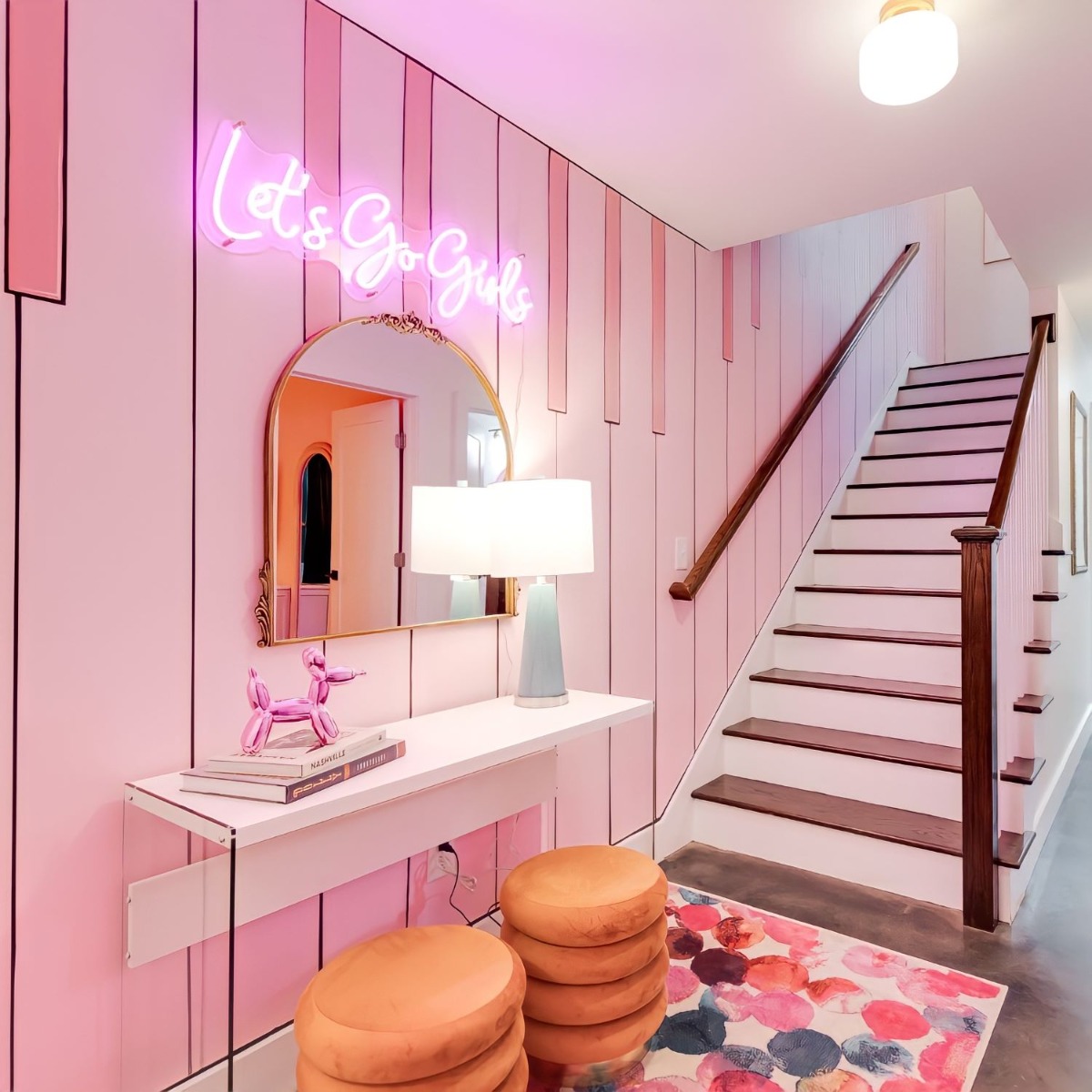Let's Go Girls pink Custom Neon® song lyric sign on pink and white striped wall @homteamvacationrentals @somerled.designs