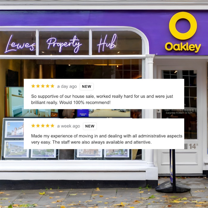 Lewes Property Hub purple Custom Neon® estate agent window sign overlayed with client reviews @oakleyproperty
