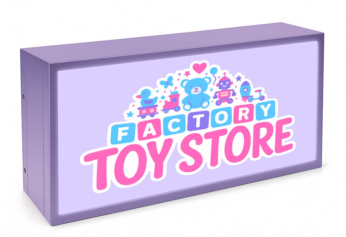 Fully illuminated light box sign for a toy store