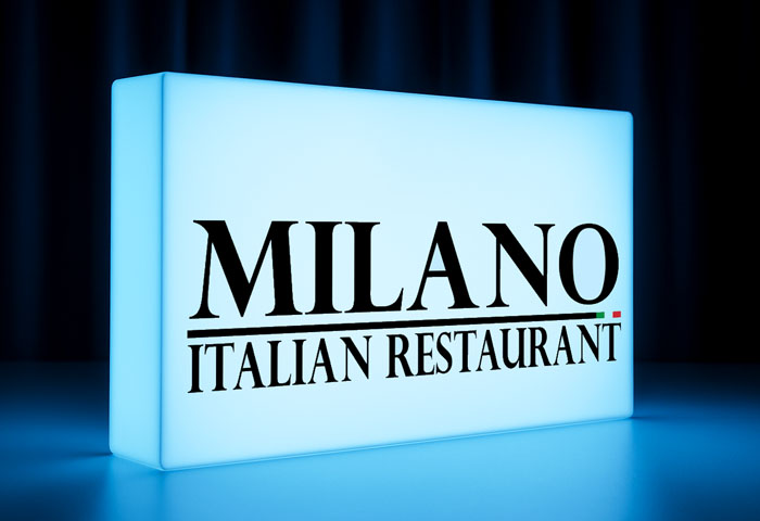 Fully illuminated light box sign with Milano restaurant logo
