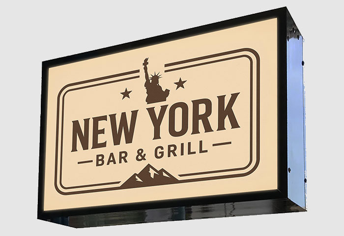 Double sided LED light box sign for New York Bar and Grill