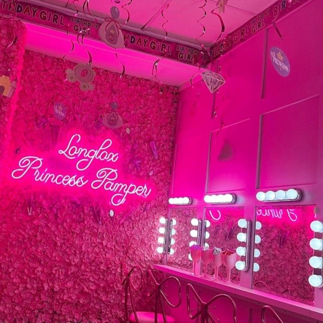 Longlox Princess Pamper pink Custom Neon® sign on a rose wall in the pamper party room @longlox_hairextentions