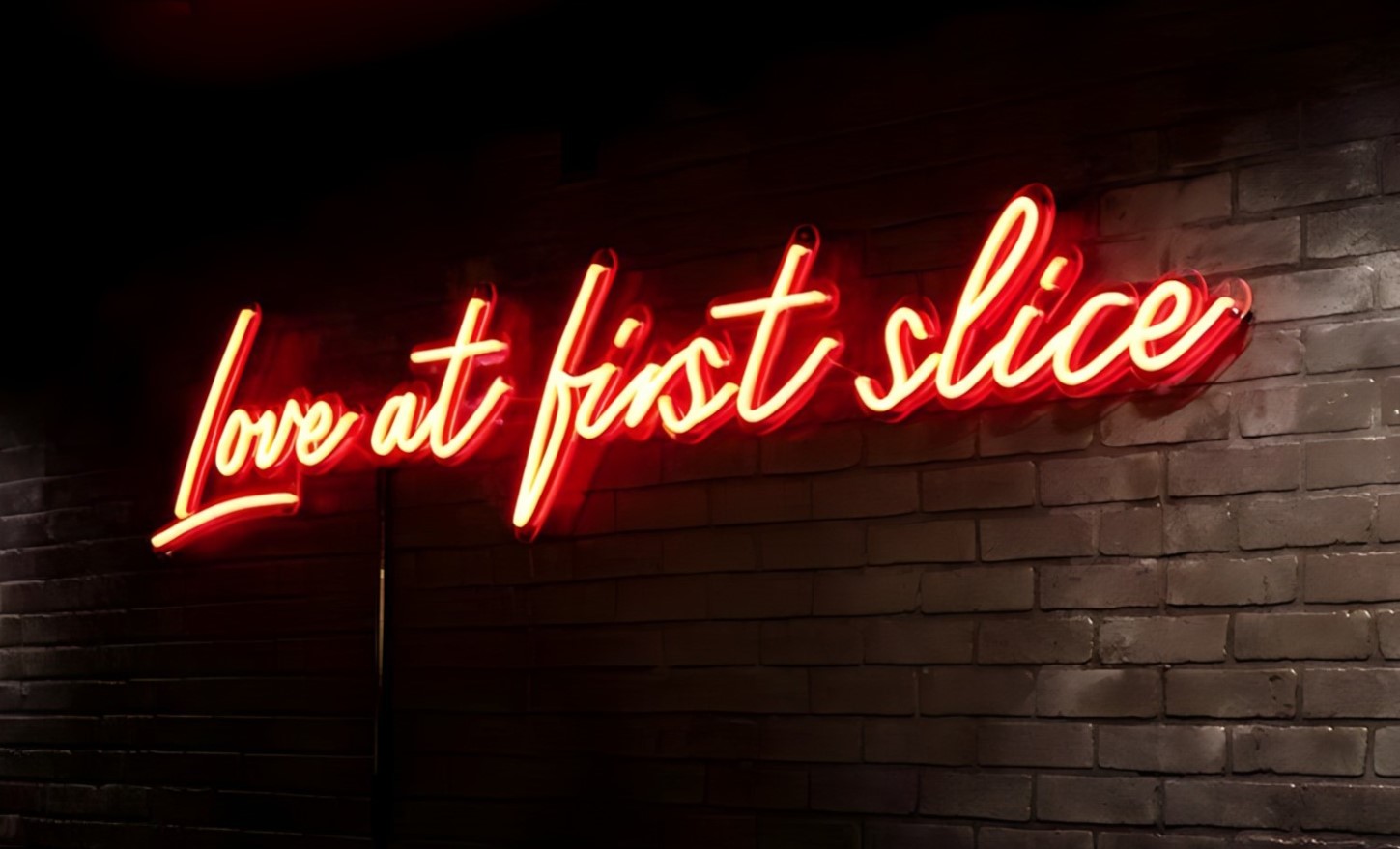Love at first slice Custom Neon® red pizza quote sign @twocitiespizza