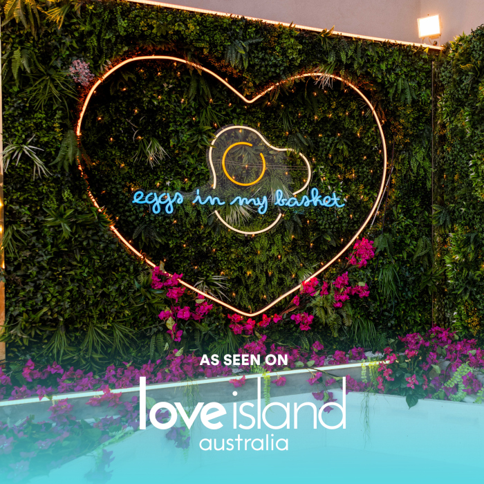 Custom Neon® waterproof Eggs in My Basket sign in the Love Island Australia Villa