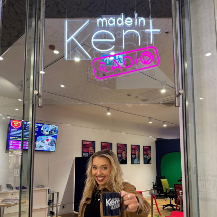 Custom Neon® podcast studio window sign @madeinkentradio