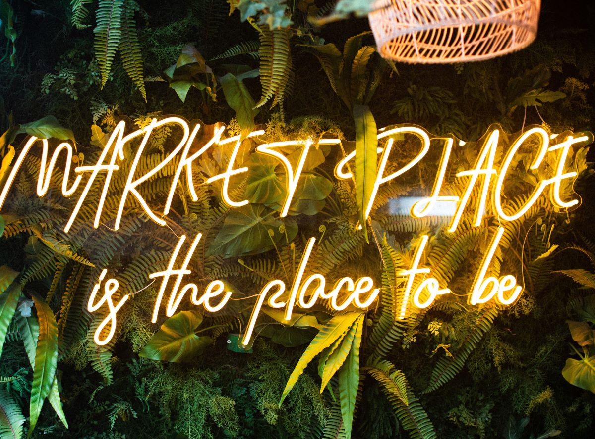 Yellow branded tagline sign @mktplce.uk made by Custom Neon® photography @brianfbenton