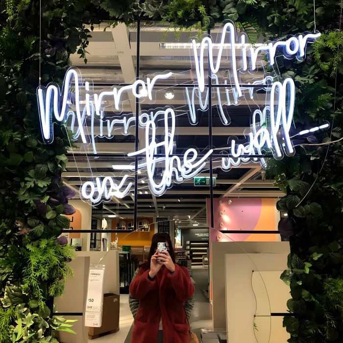 Mirror Mirror on the Wall Custom Neon® product display sign on the mirrors in @ikeasheffield photo@coxybox_