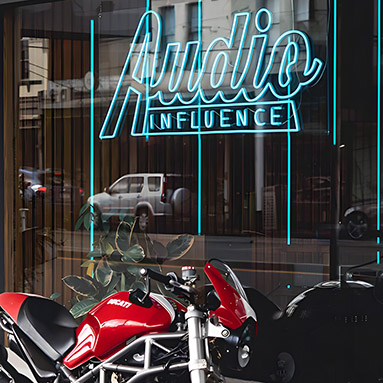 Light blue LED neon window sign made by Custom Neon®