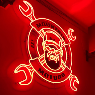 Custom Neon® red LED neon & black UV print @mountainmotorsindy auto mechanic logo sign