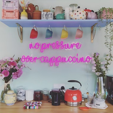 No Pressure Over Cappuccino pink CustomNeon® coffee sign on kitchen wall