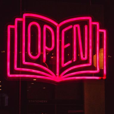 Custom Neon® pink OPEN window sign in the shape of a book @readinginpublicbooks