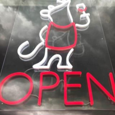Custom Neon® red and white custom open sign @kccellarrat storefront