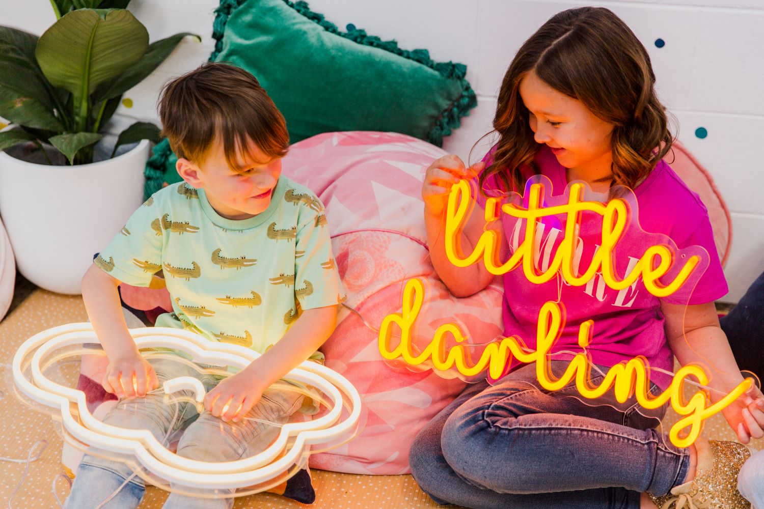 Custom Neon® white cloud & orange Little Darling kids signs