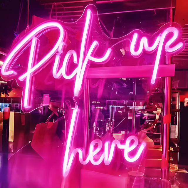 Pick Up Here Custom Neon® pink food stall sign @moshimoshi.fun