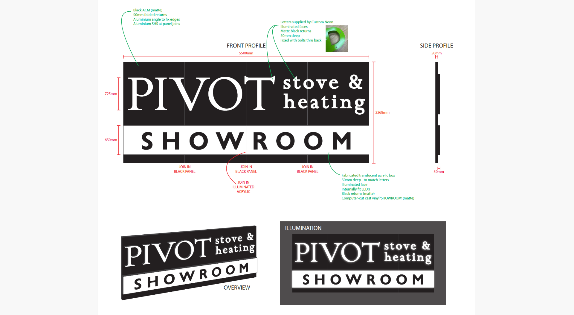 Pivot Stove & Heating LED channel letter sign specification sheet from Custom Neon®