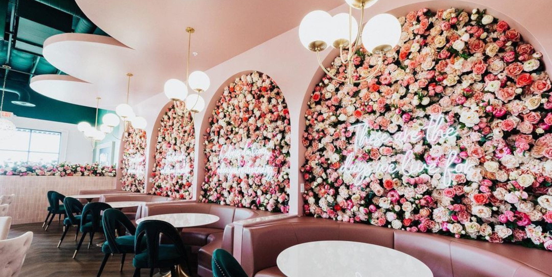 White Custom Neon® quote signs on flower walls @plateddreamscafe