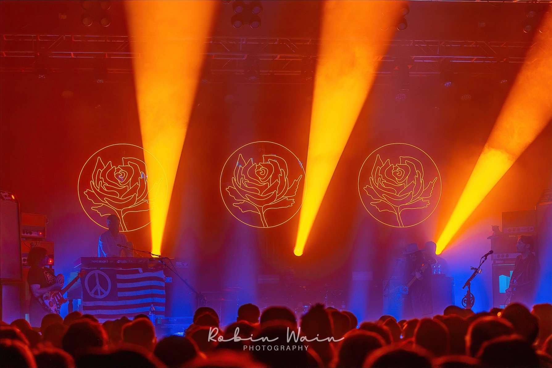 Custom Neon® colour changing stage signs made for the Ryan Adams Cold Roses concert tour @christielites photos@robinwainphotography