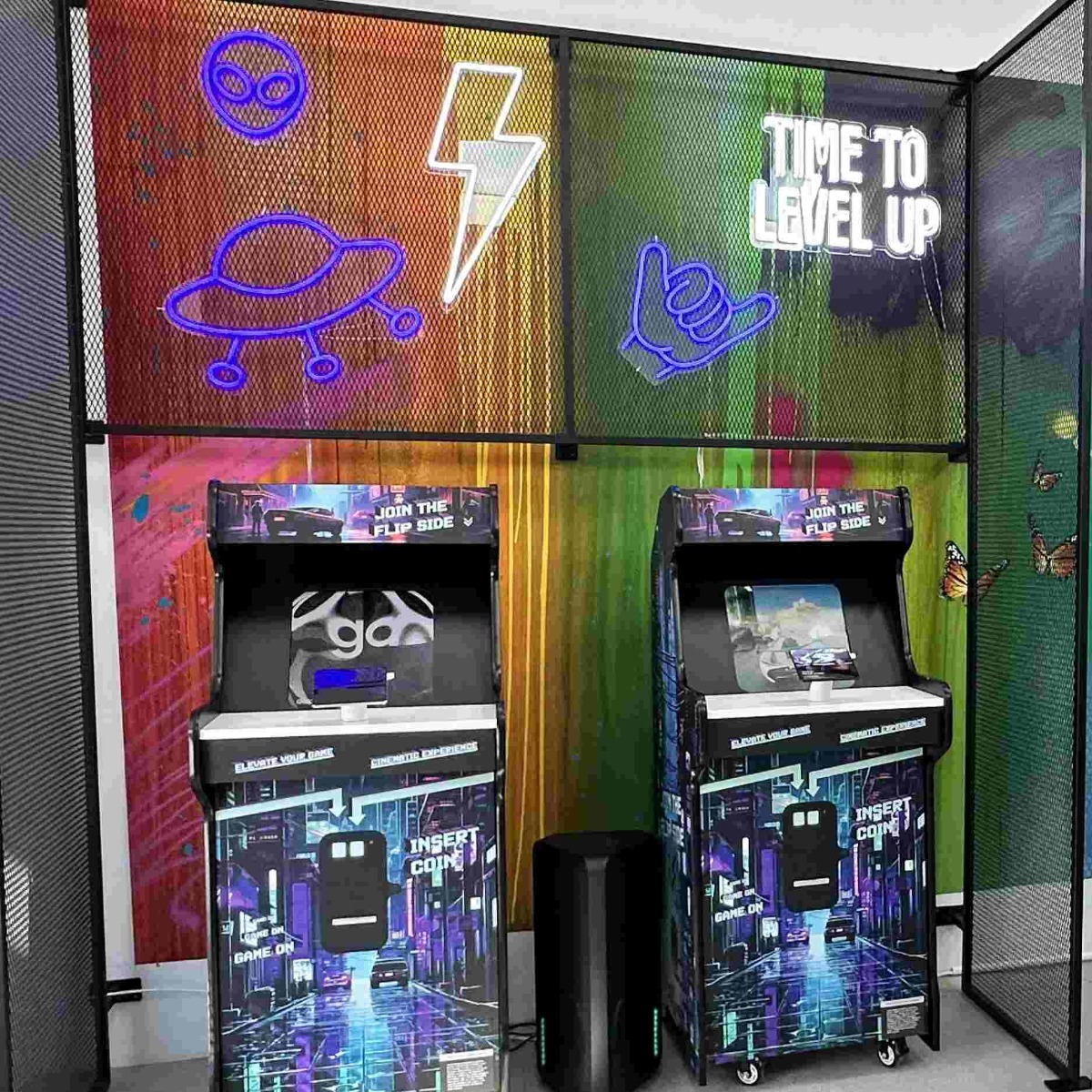 Retro Custom Neon® gaming signs above the video games in the Samsung Flip Side Pop-Ups