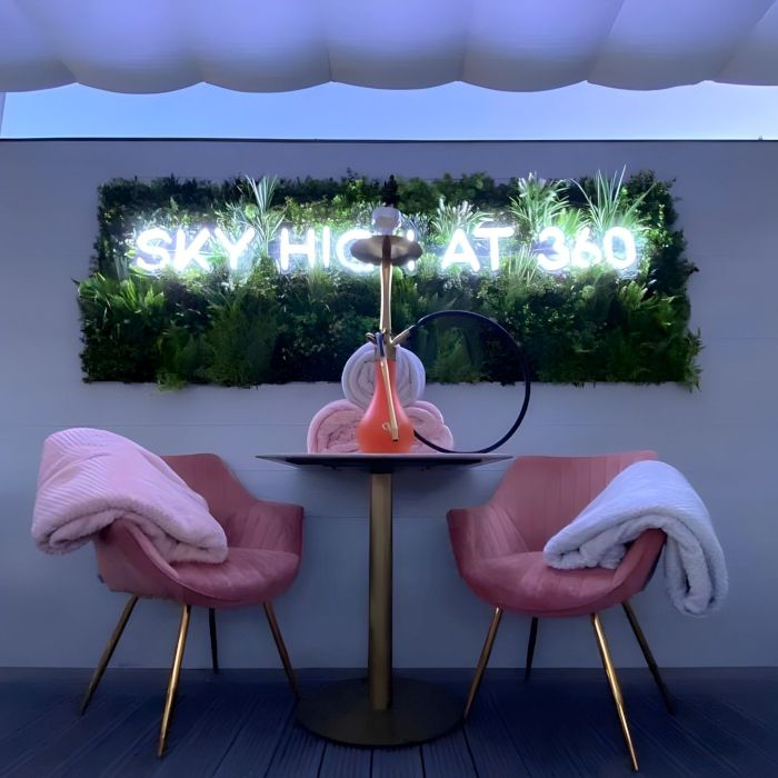 Sky High at 360 white LED Custom Neon® sign on a grasswall at the rooftop restaruant @360skyloungenewcastle