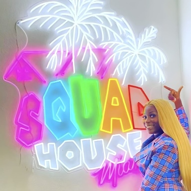 Custom Neon® social media creator logo in white and multiple colors @squadhouseofficial